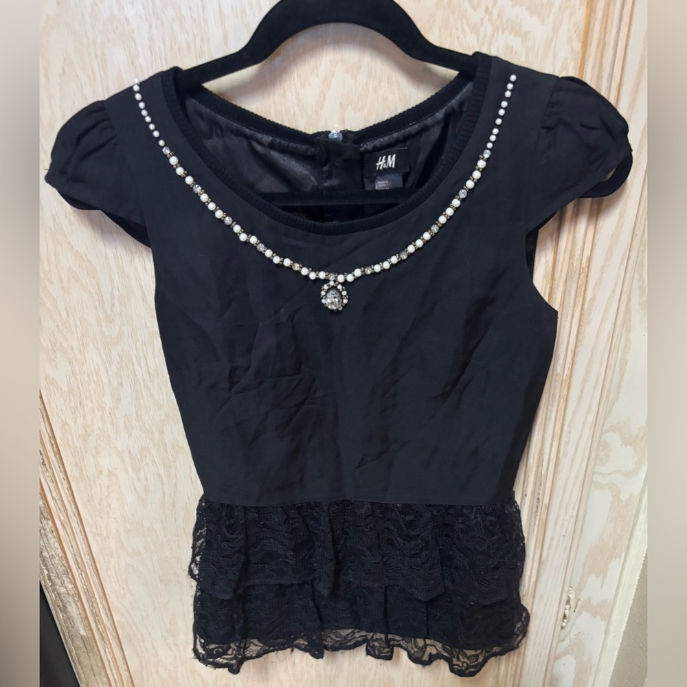 H&M Black‎ Peplum Top Rhinestone Zipper Blouse Ruffle Lace Linen Cotton Sz 4